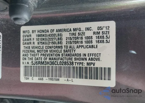 2012 Honda Cr-V Lx z USA, uszkodzony, nr VIN 5J6RM3H36CL028538